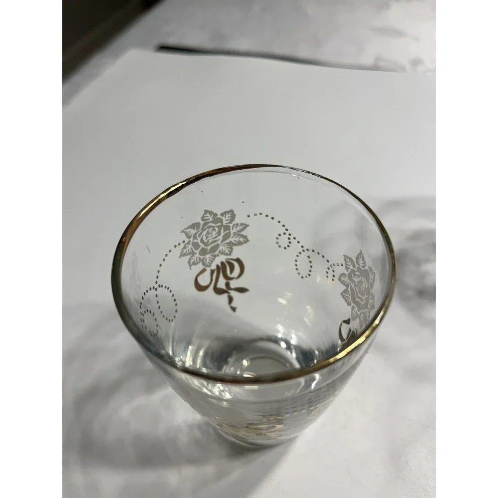 8 Vintage LIBBEY WHITE gold floral Juice GLASSES, 5 oz, flared